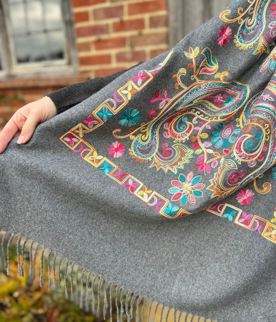 Grey Embroidered Cashmere Blend Scarf