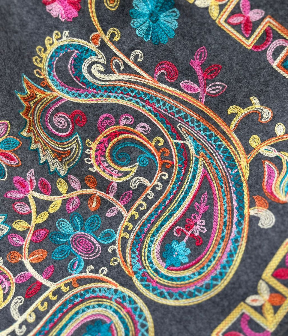 Grey Embroidered Cashmere Blend Scarf