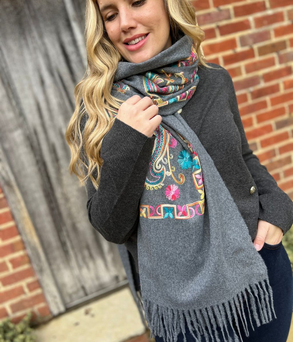 Grey Embroidered Cashmere Blend Scarf