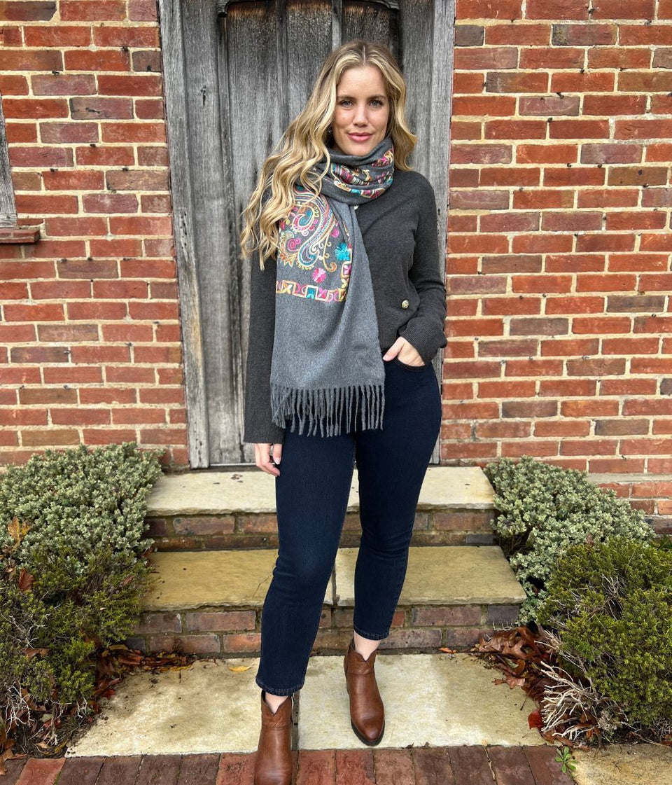 Grey Embroidered Cashmere Blend Scarf