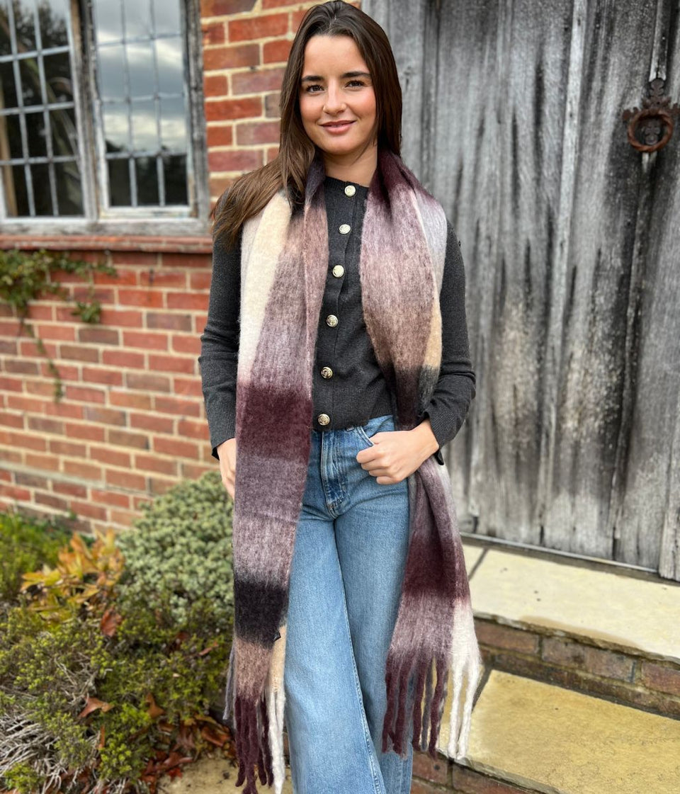 Grey & Plum Cashmere Blend Cosy Tassel Scarf
