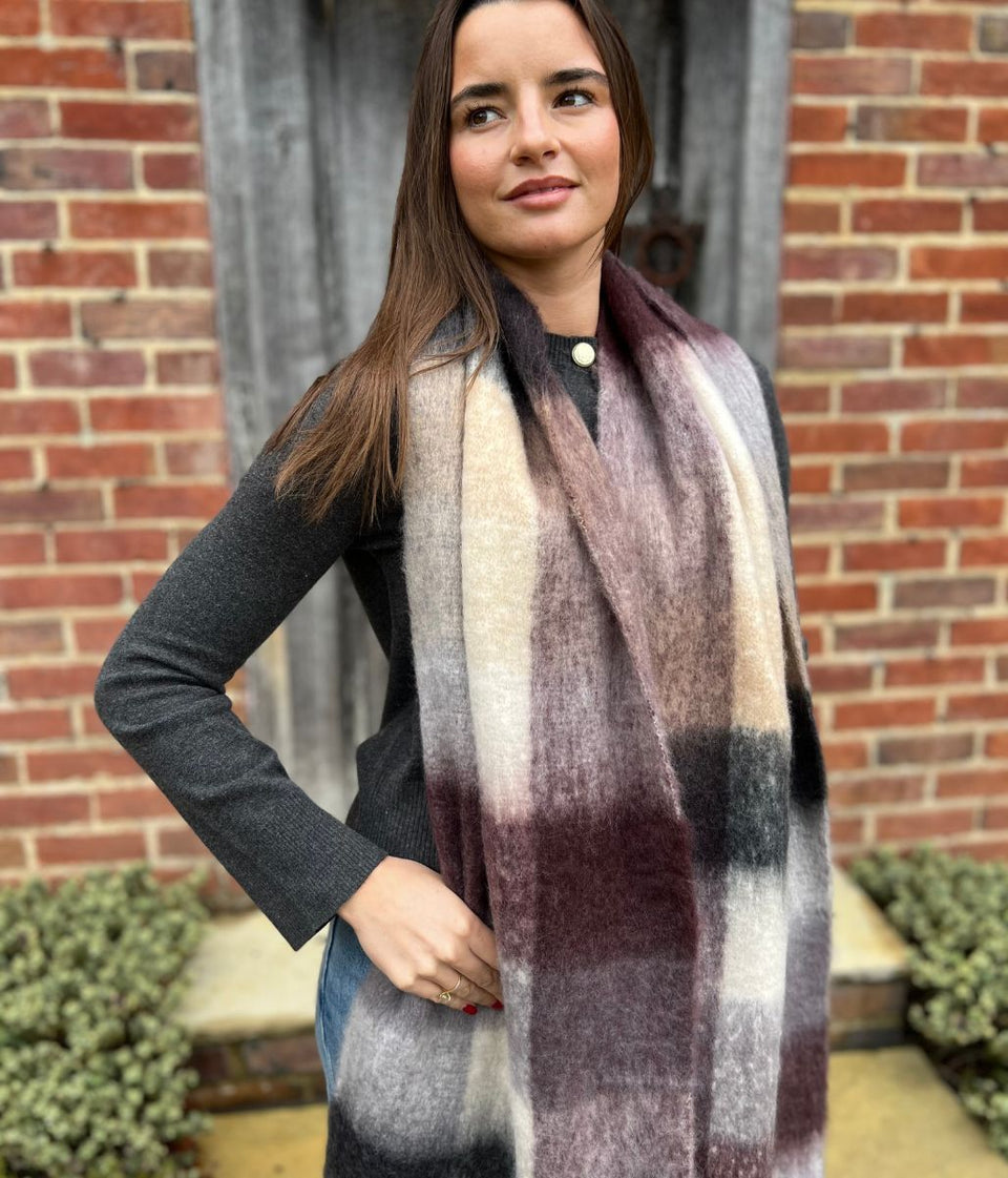Grey & Plum Cashmere Blend Cosy Tassel Scarf