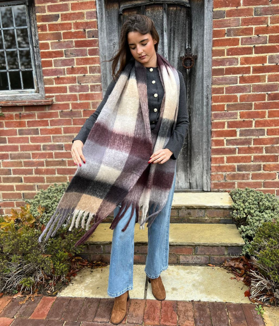Grey & Plum Cashmere Blend Cosy Tassel Scarf