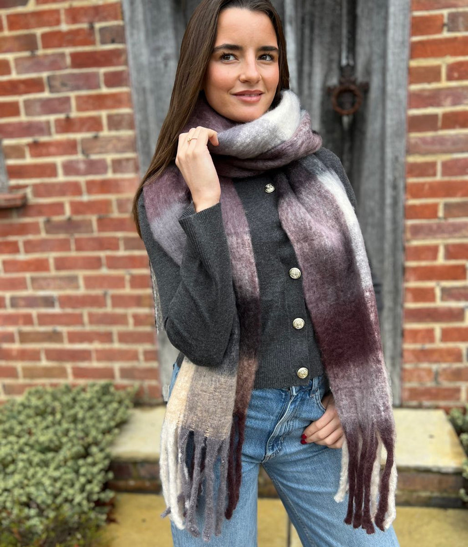 Grey & Plum Cashmere Blend Cosy Tassel Scarf
