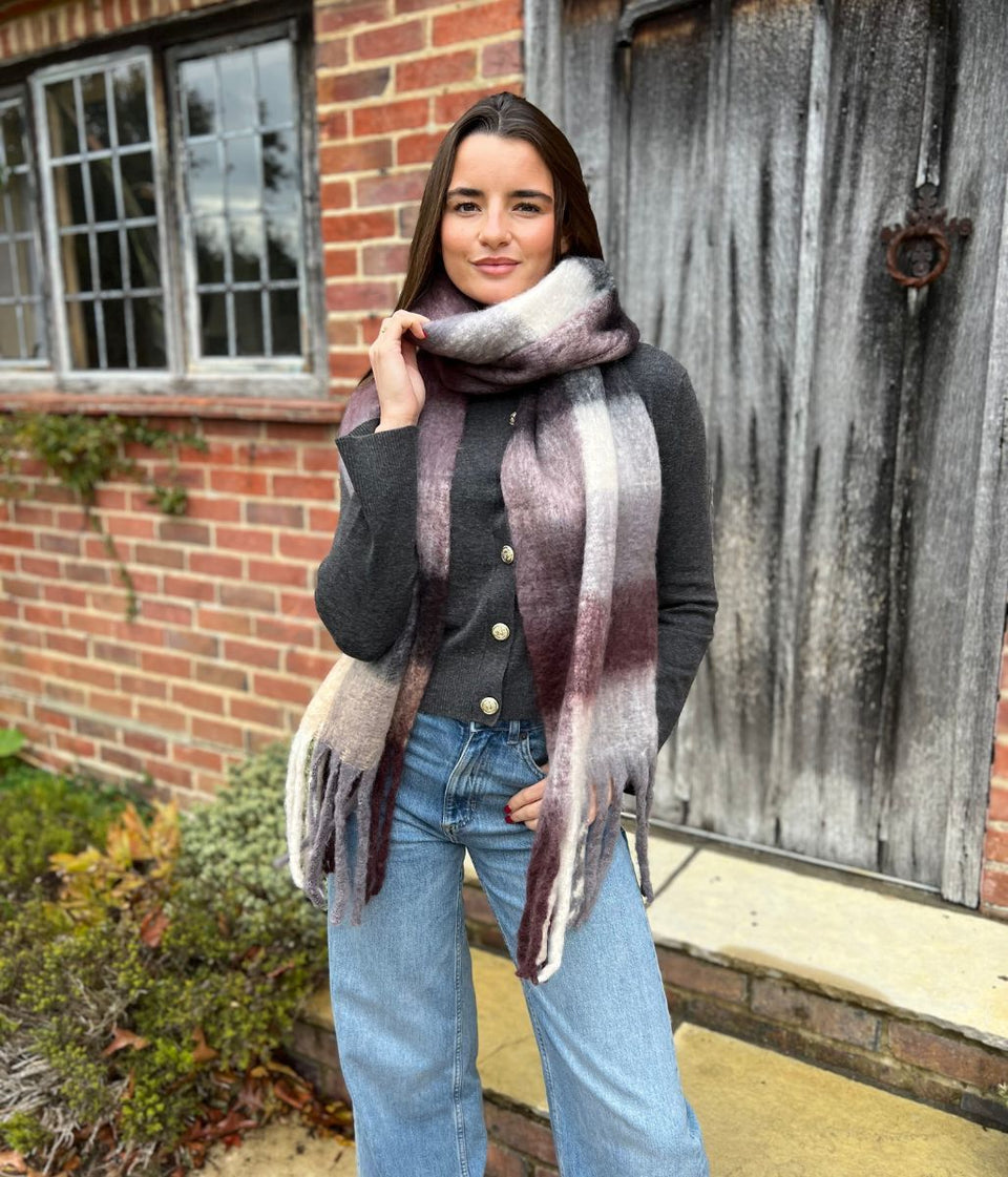 Grey & Plum Cashmere Blend Cosy Tassel Scarf