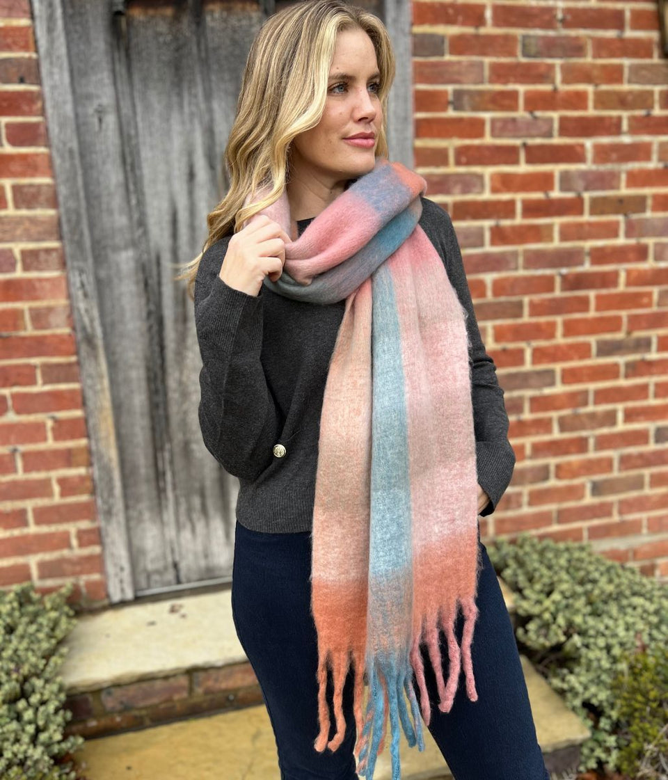 Pink & Blue Cashmere Blend Cosy Tassel Scarf