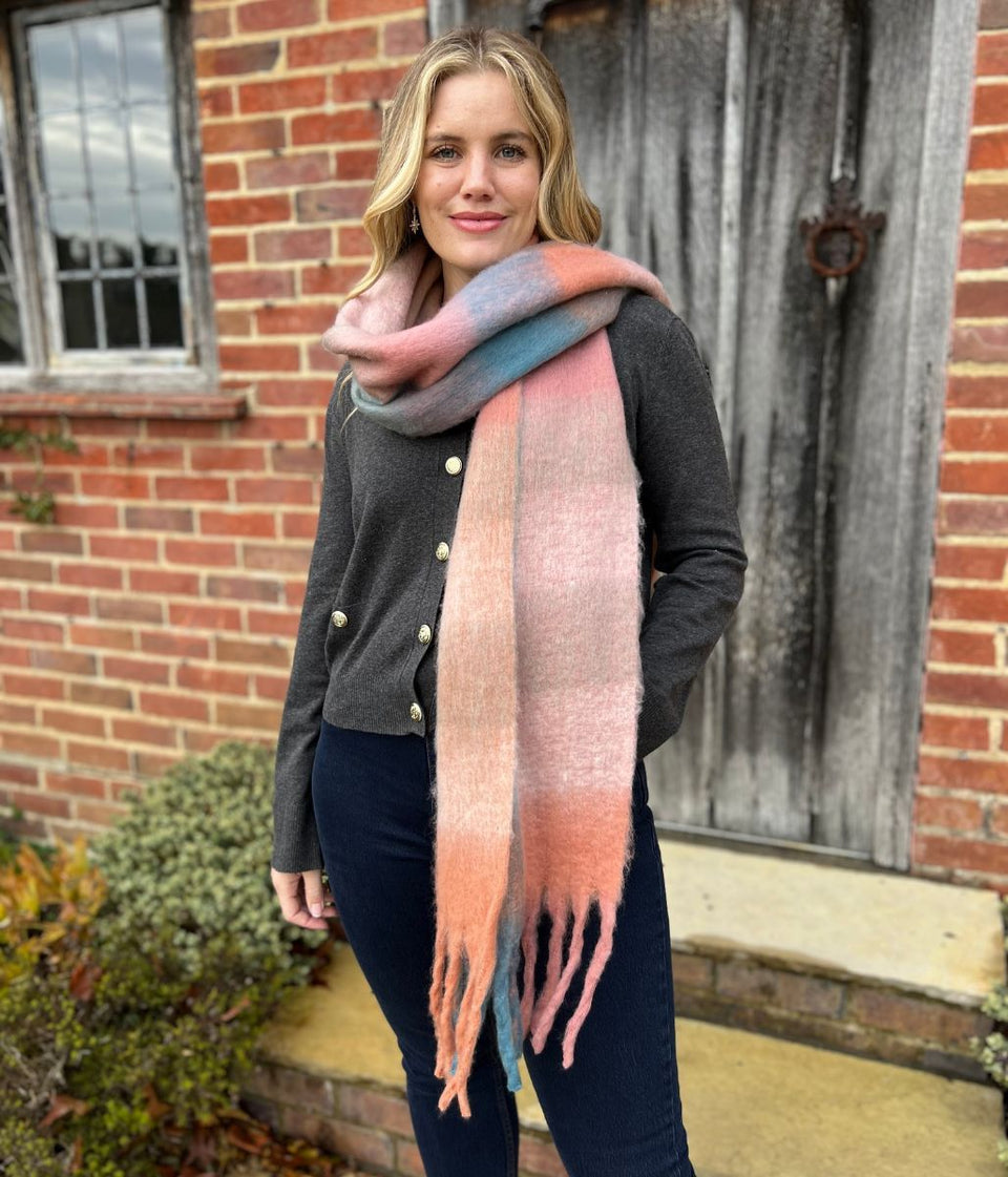 Pink & Blue Cashmere Blend Cosy Tassel Scarf