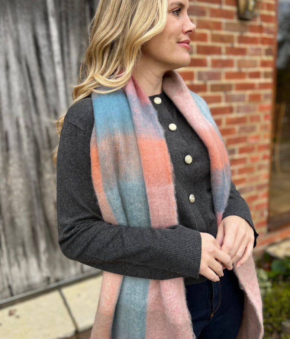 Pink & Blue Cashmere Blend Cosy Tassel Scarf