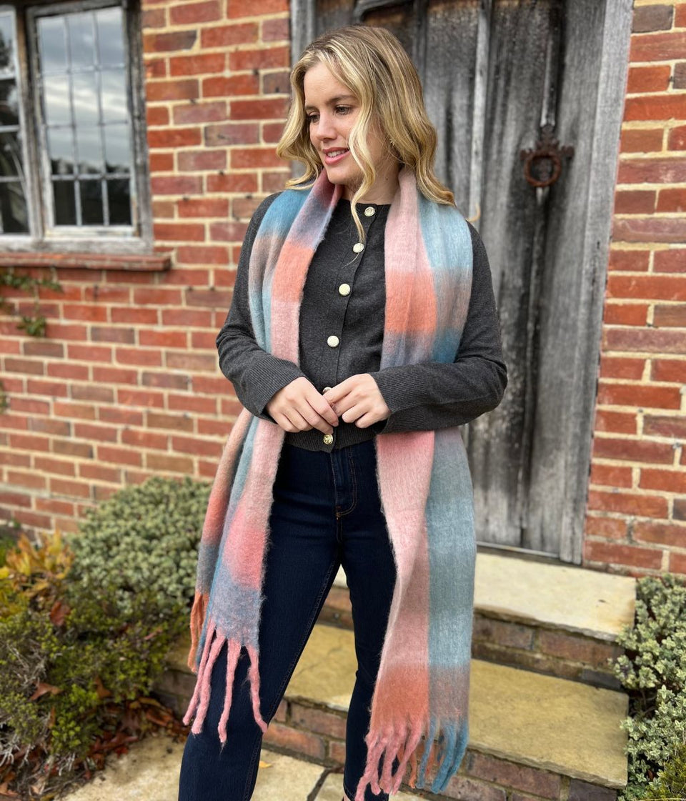Pink & Blue Cashmere Blend Cosy Tassel Scarf