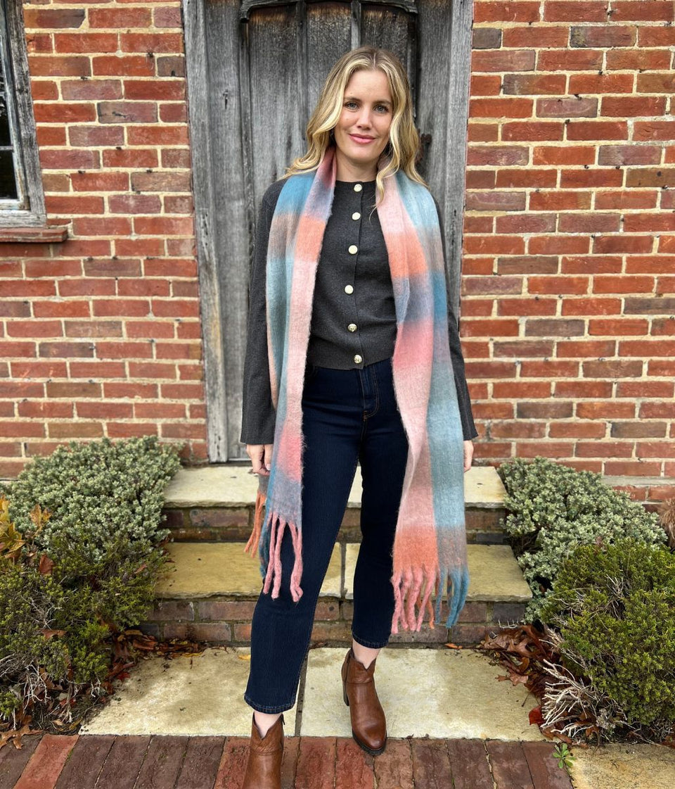Pink & Blue Cashmere Blend Cosy Tassel Scarf