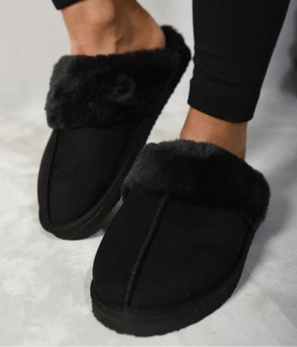 Black Faux Fur Mule Slippers