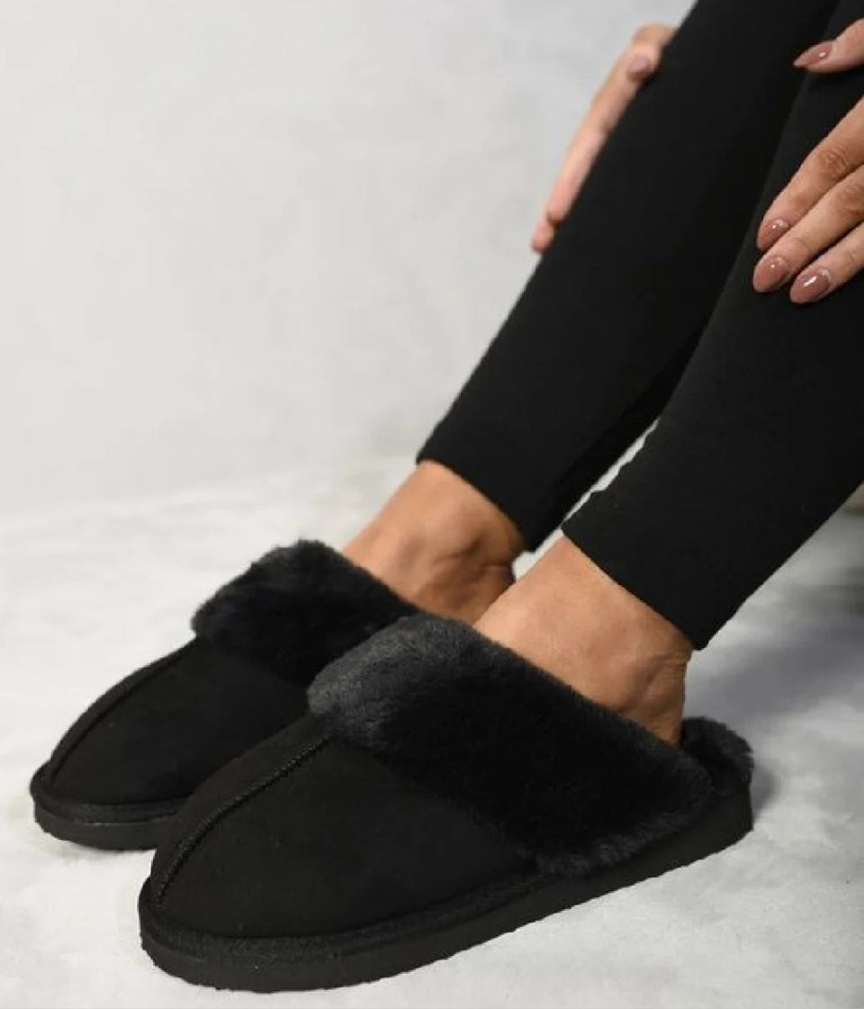Black Faux Fur Mule Slippers