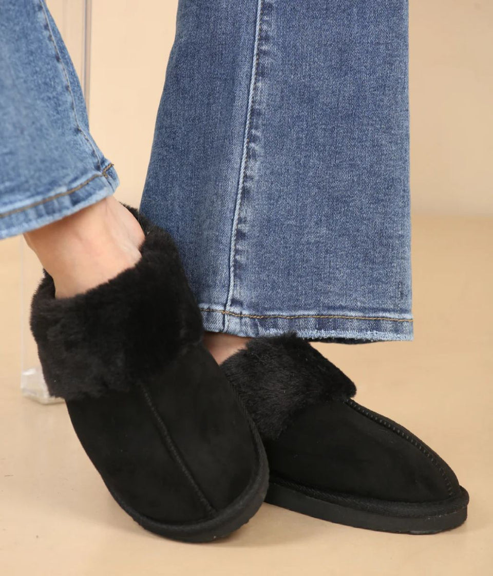 Black Faux Fur Mule Slippers
