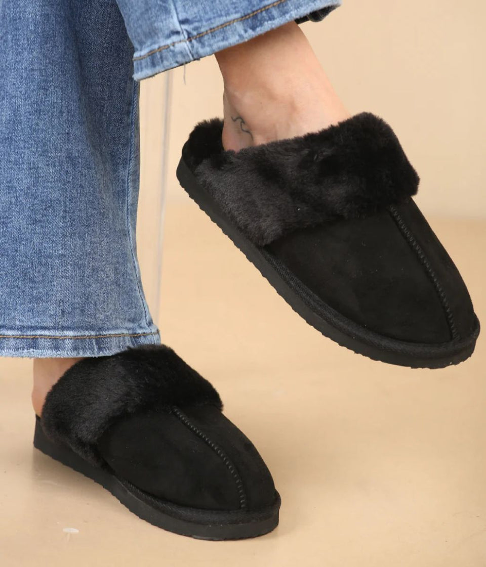 Black Faux Fur Mule Slippers