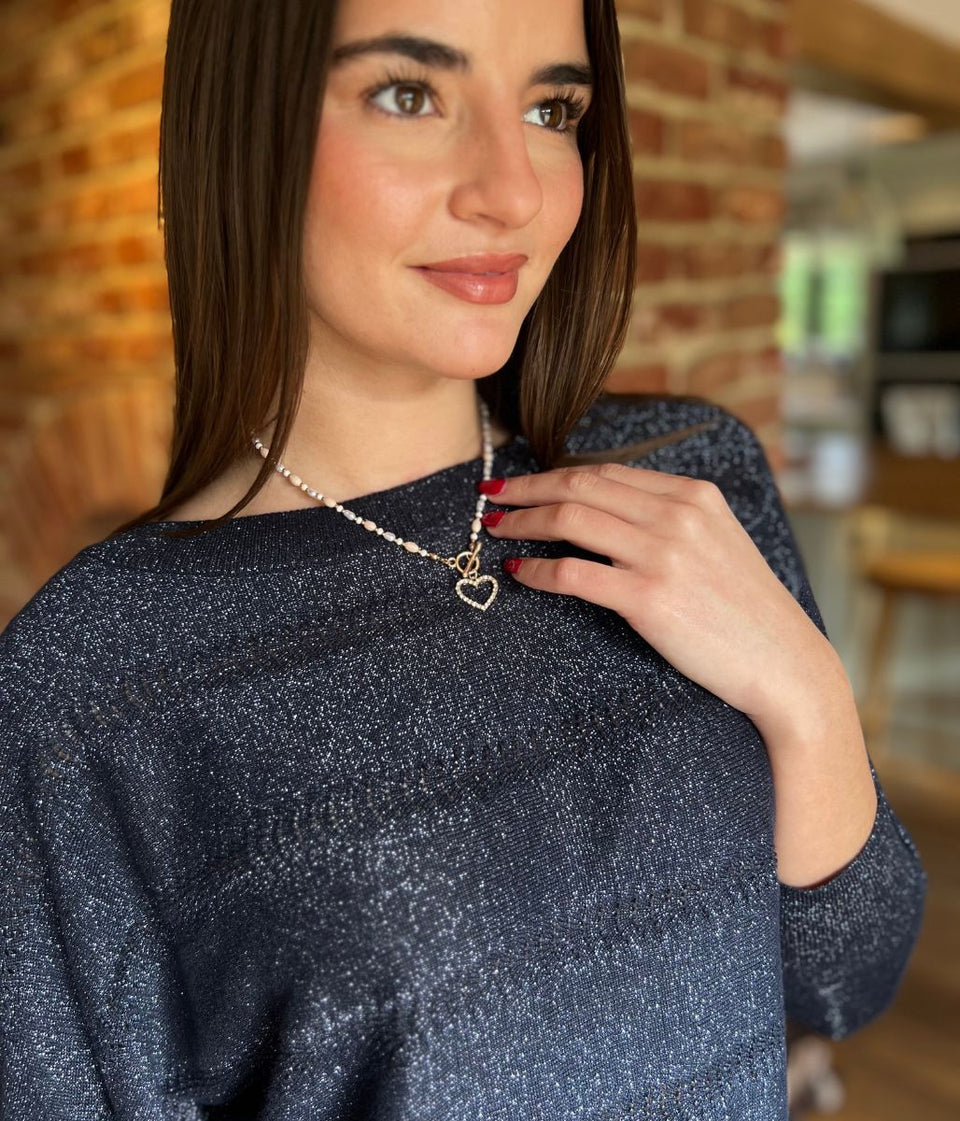 Gold Diamante Heart Beaded Necklace