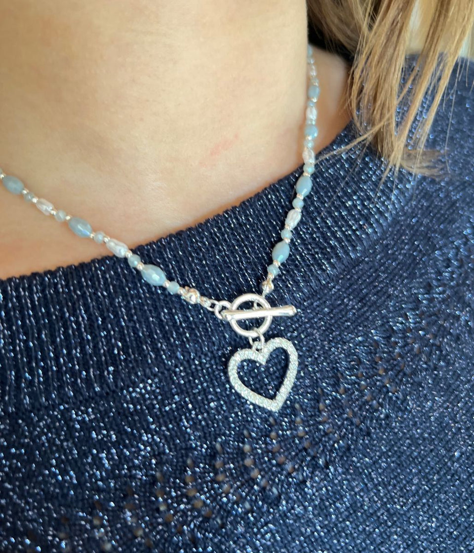 Silver Diamante Heart Beaded Necklace