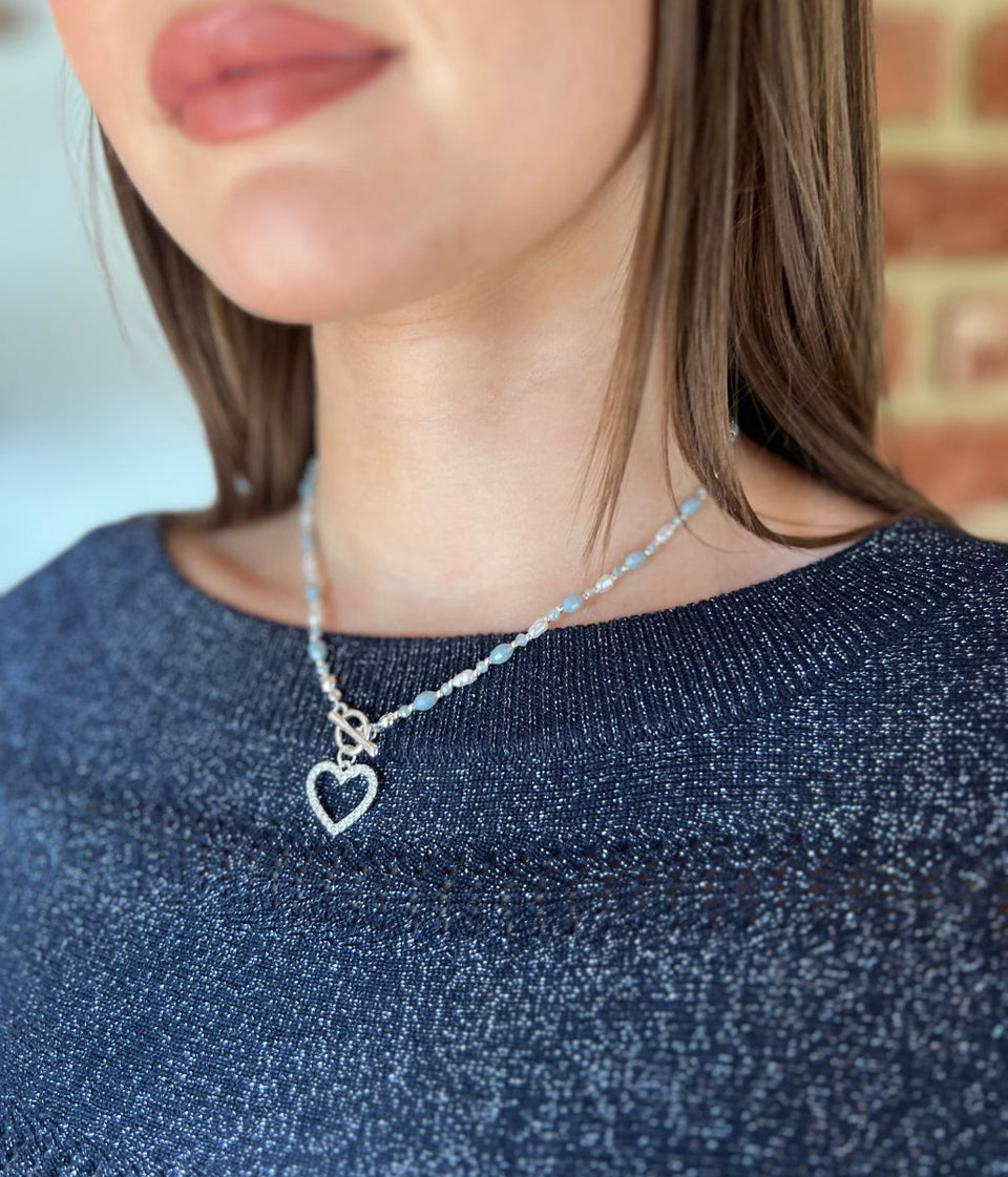 Silver Diamante Heart Beaded Necklace