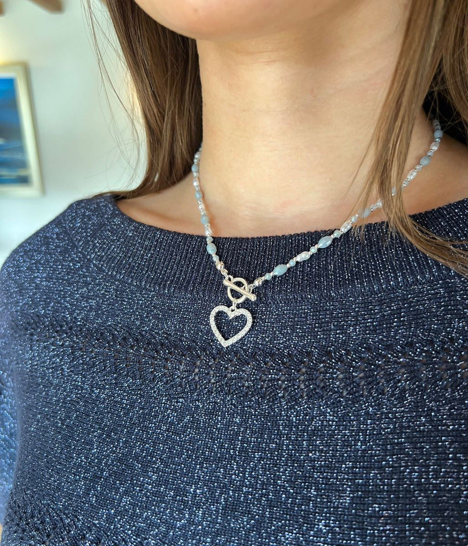 Silver Diamante Heart Beaded Necklace