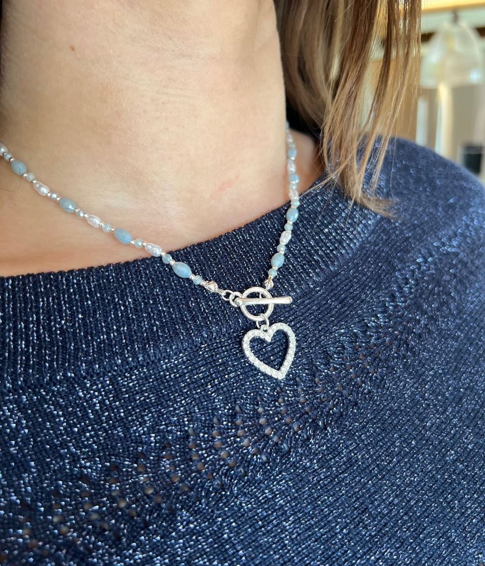 Silver Diamante Heart Beaded Necklace