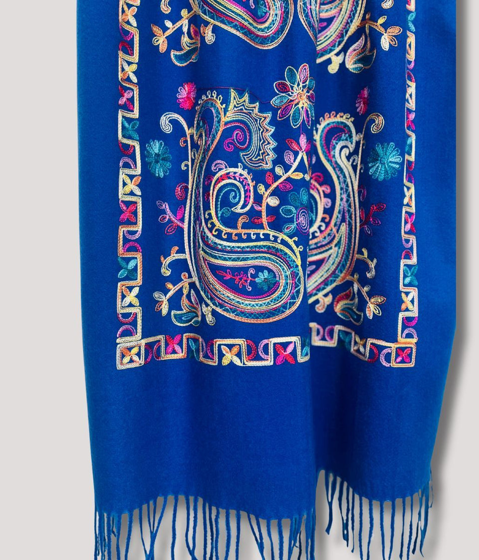 Blue Embroidered Cashmere Blend Scarf