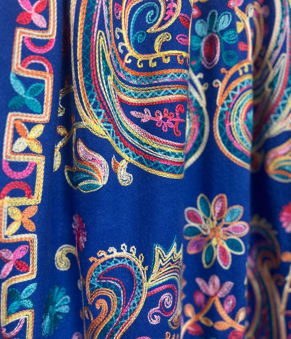 Blue Embroidered Cashmere Blend Scarf