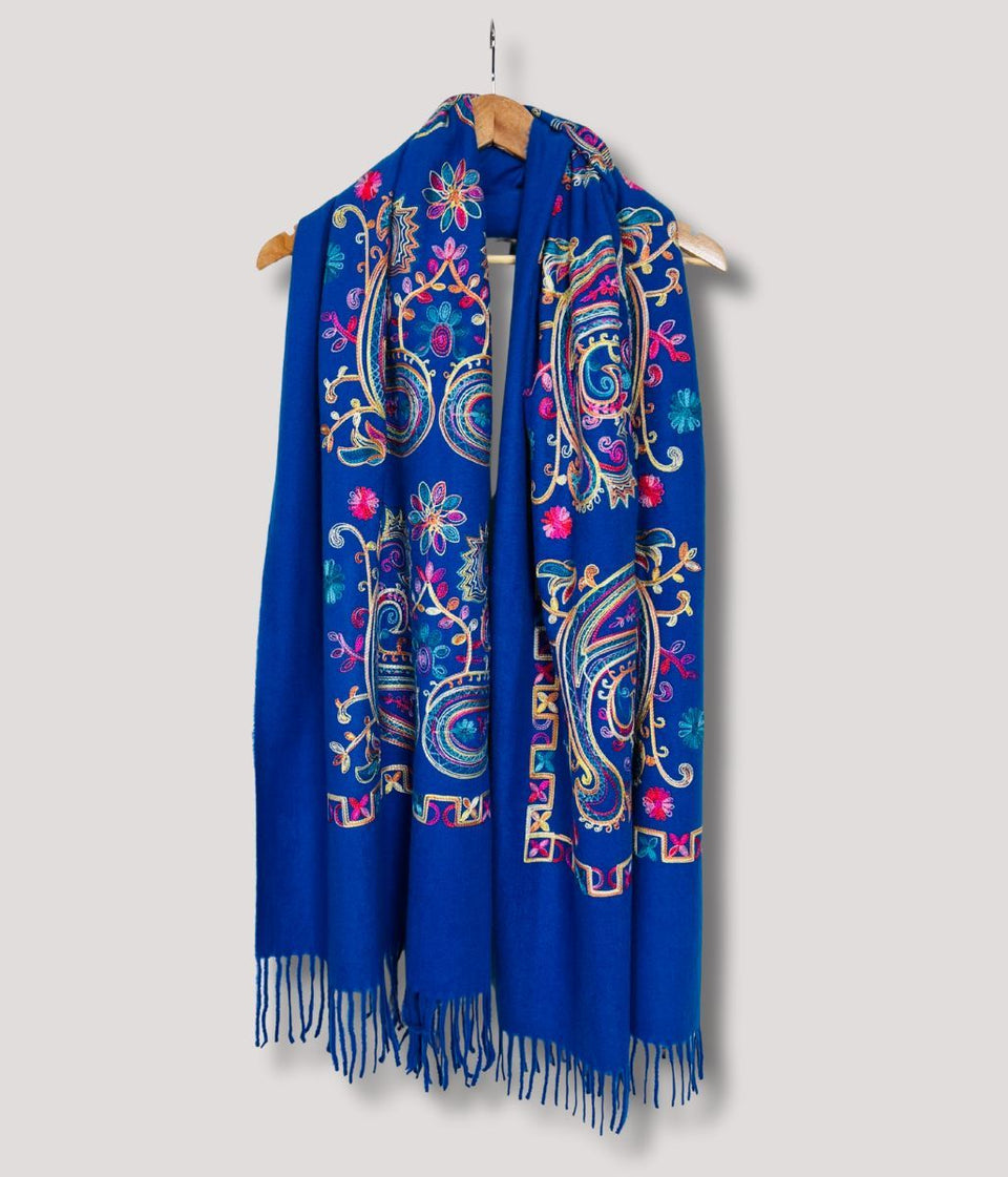 Blue Embroidered Cashmere Blend Scarf