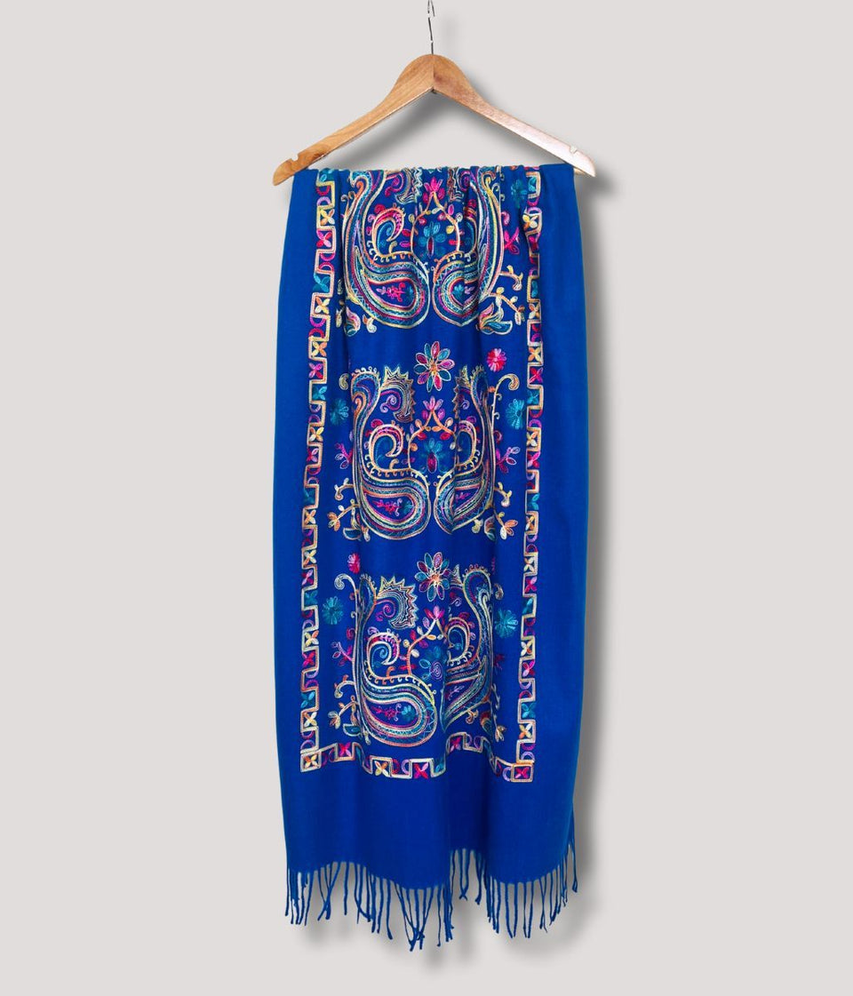 Blue Embroidered Cashmere Blend Scarf