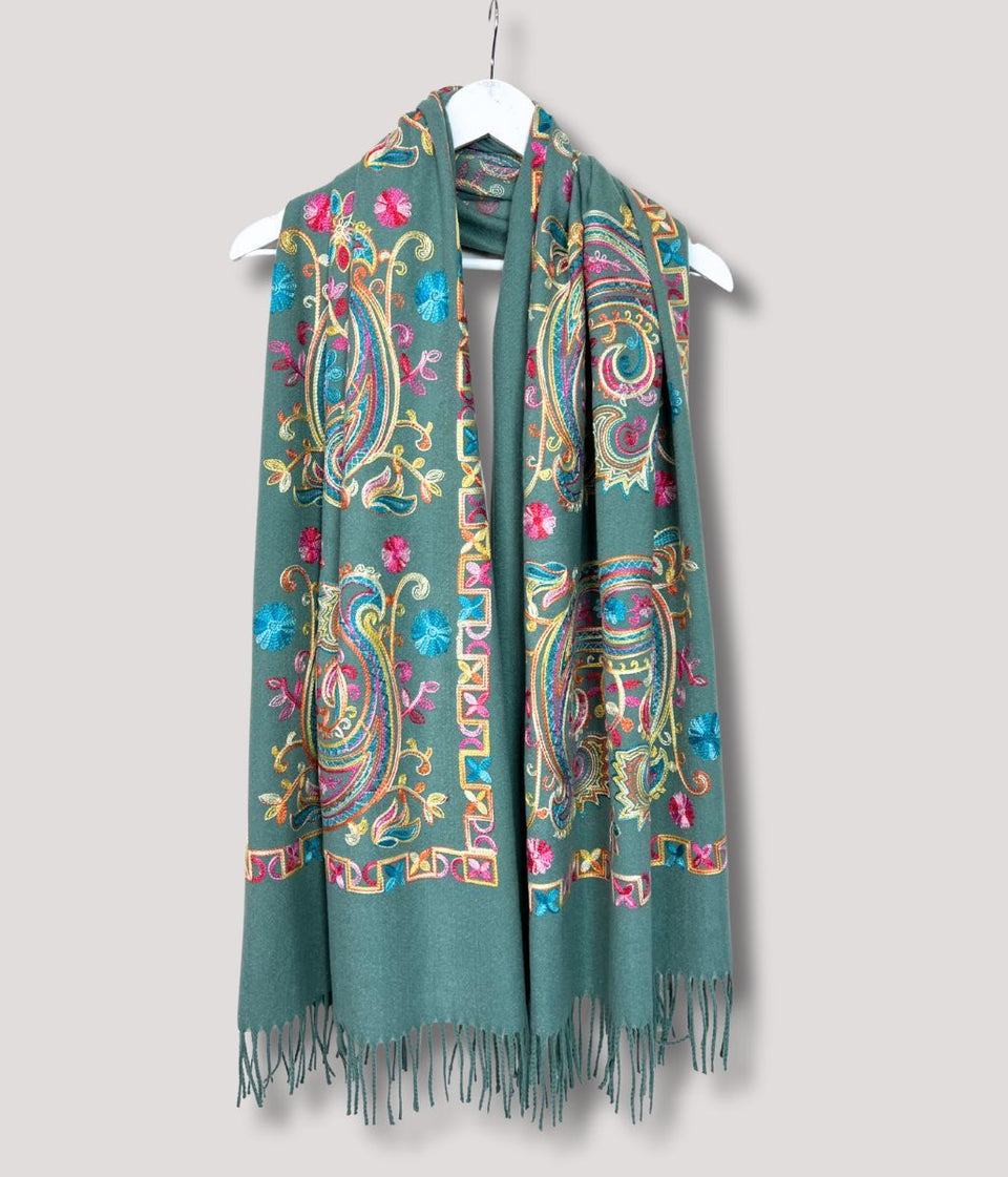 Sage Embroidered Cashmere Blend Scarf