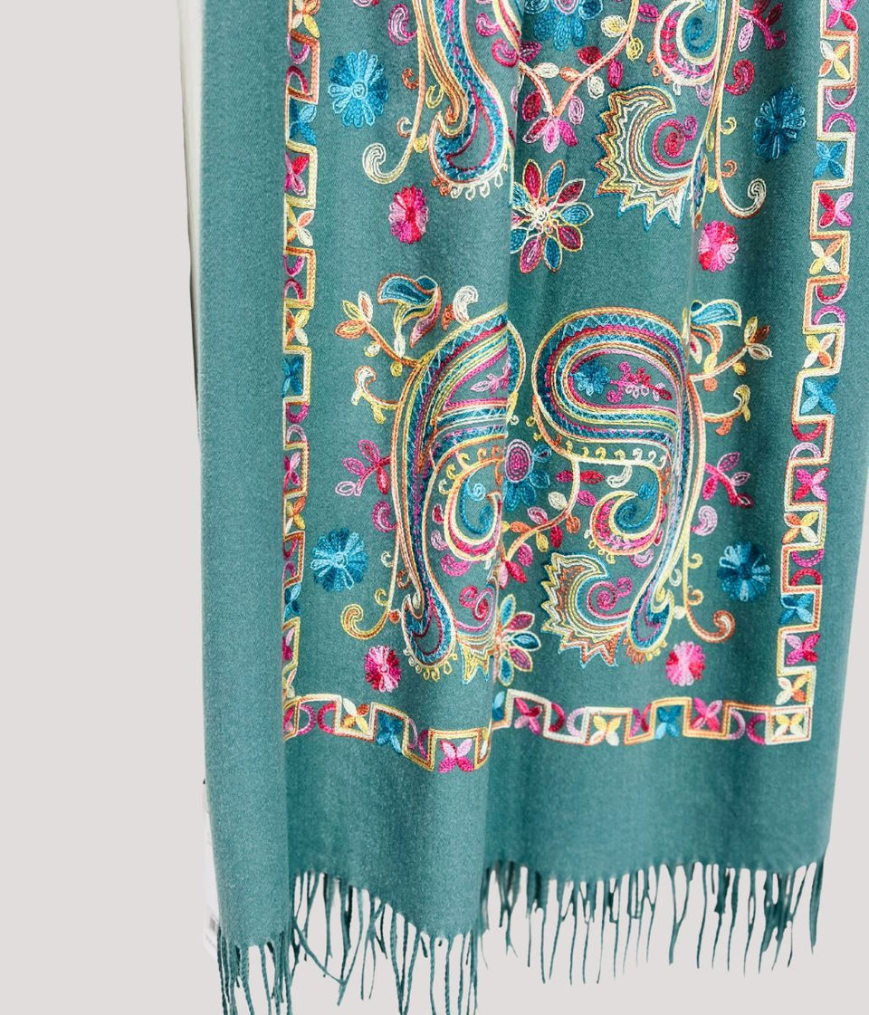 Sage Embroidered Cashmere Blend Scarf