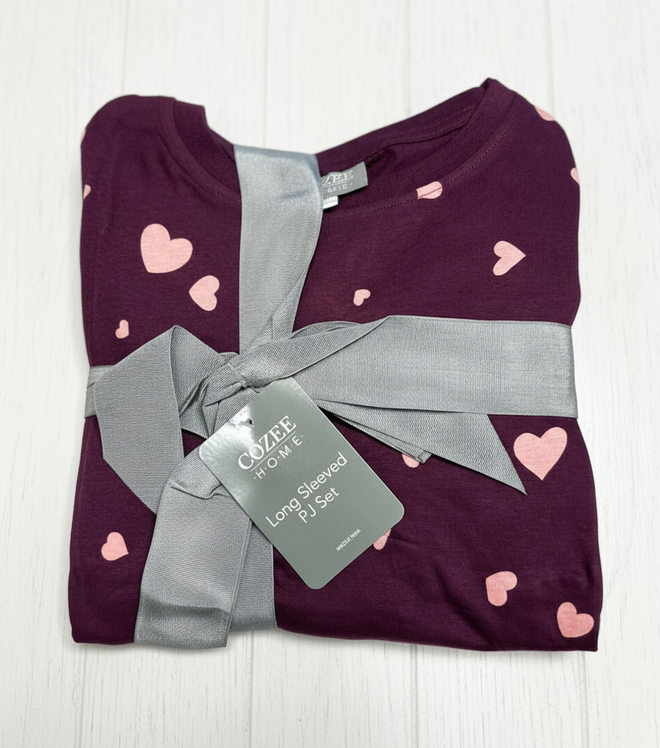 Burgundy Heart Print Cozee Home Pyjama Set