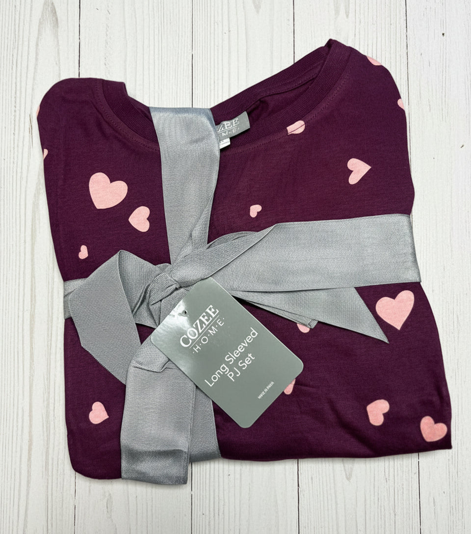 Burgundy Heart Print Cozee Home Pyjama Set