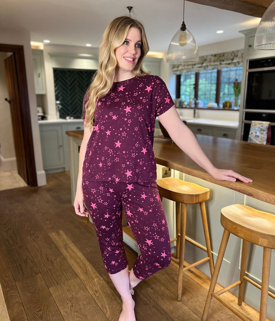 Pink Star Cotton Printed Cropped Pyjama Set