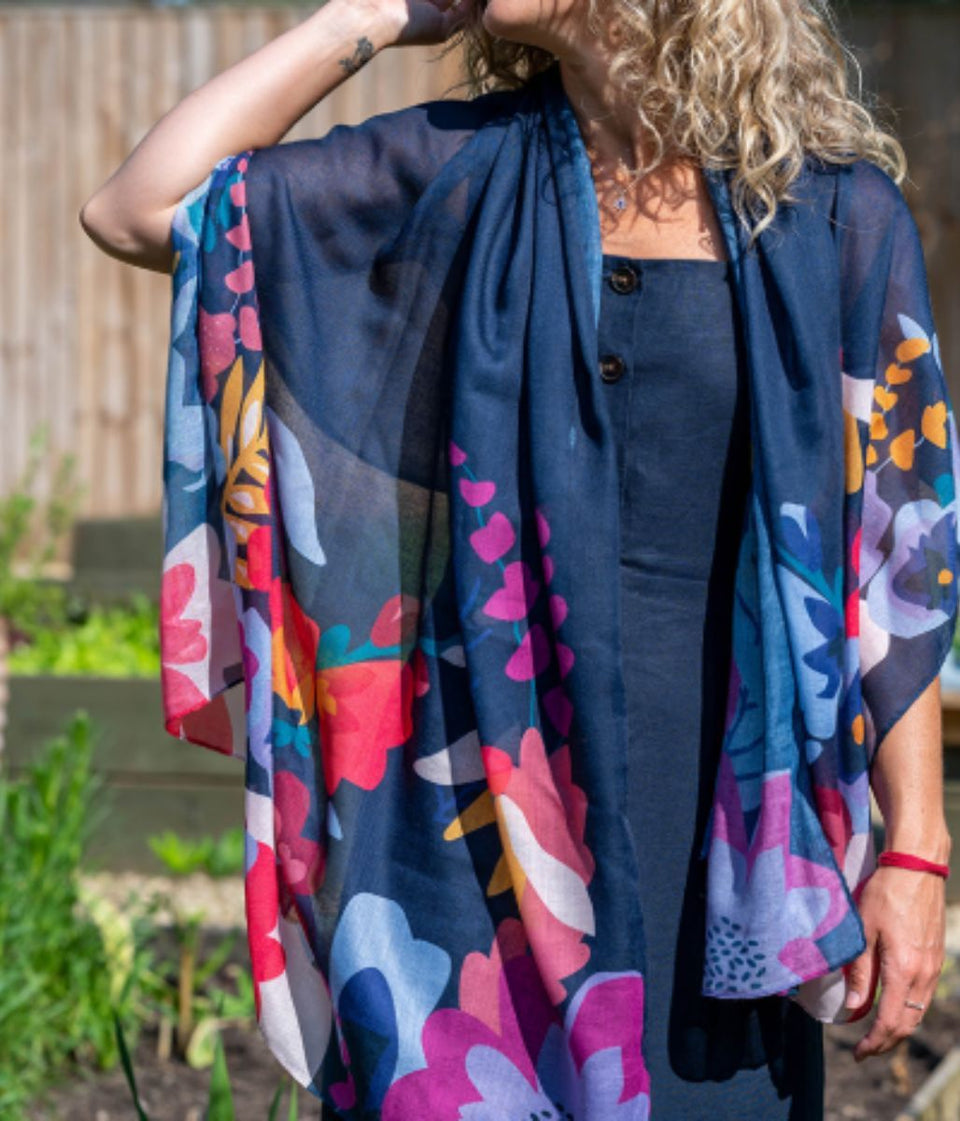 POM Navy Blue Tropical Print Scarf