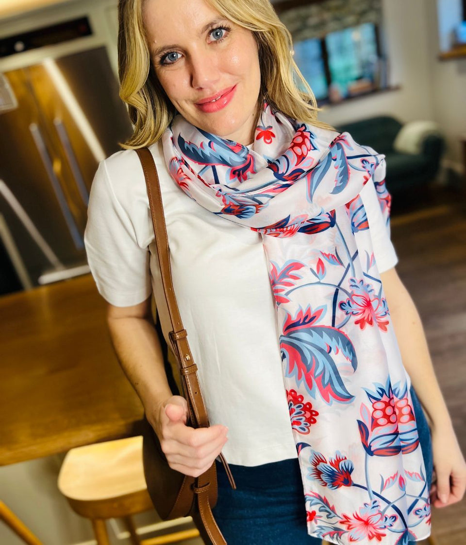 POM Blue & Red Silky Floral Print Scarf