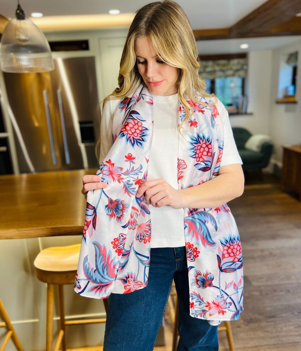 POM Blue & Red Silky Floral Print Scarf