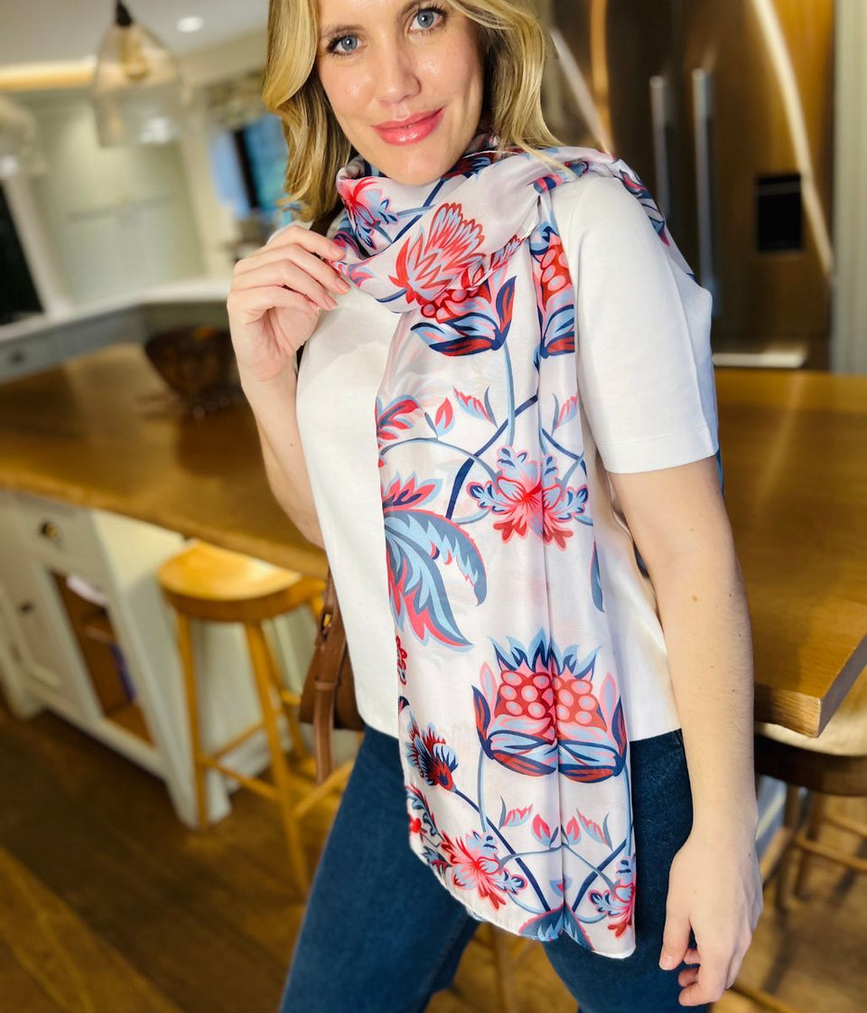 POM Blue & Red Silky Floral Print Scarf