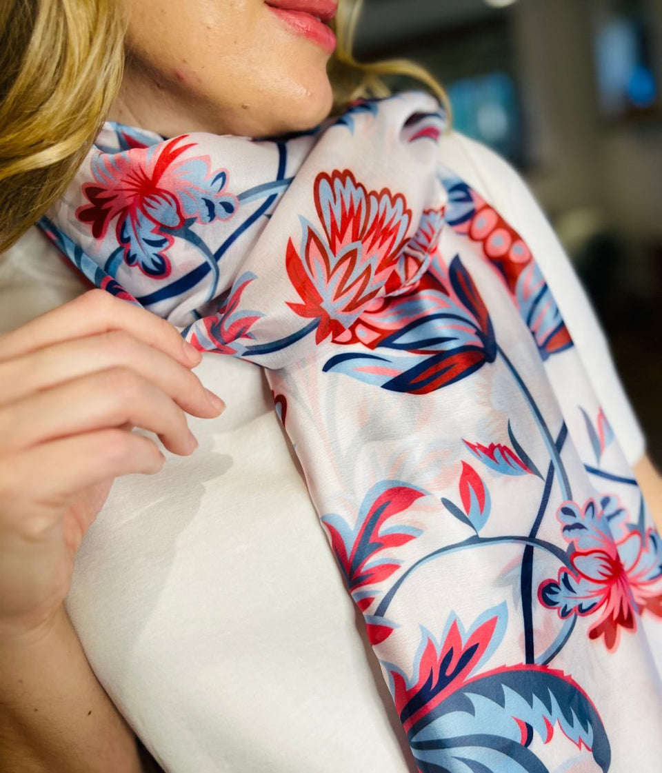POM Blue & Red Silky Floral Print Scarf