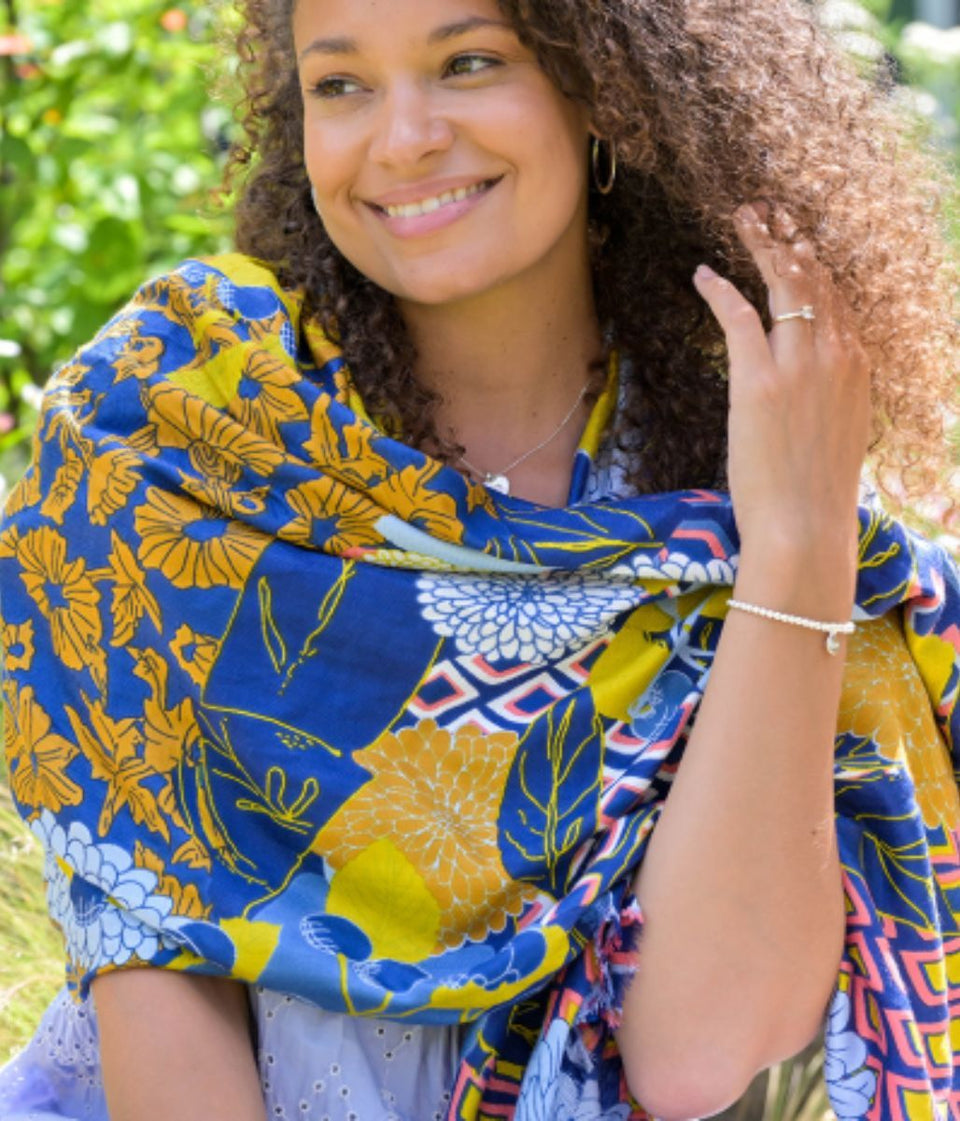 POM Blue Mix Dahlia Print Scarf