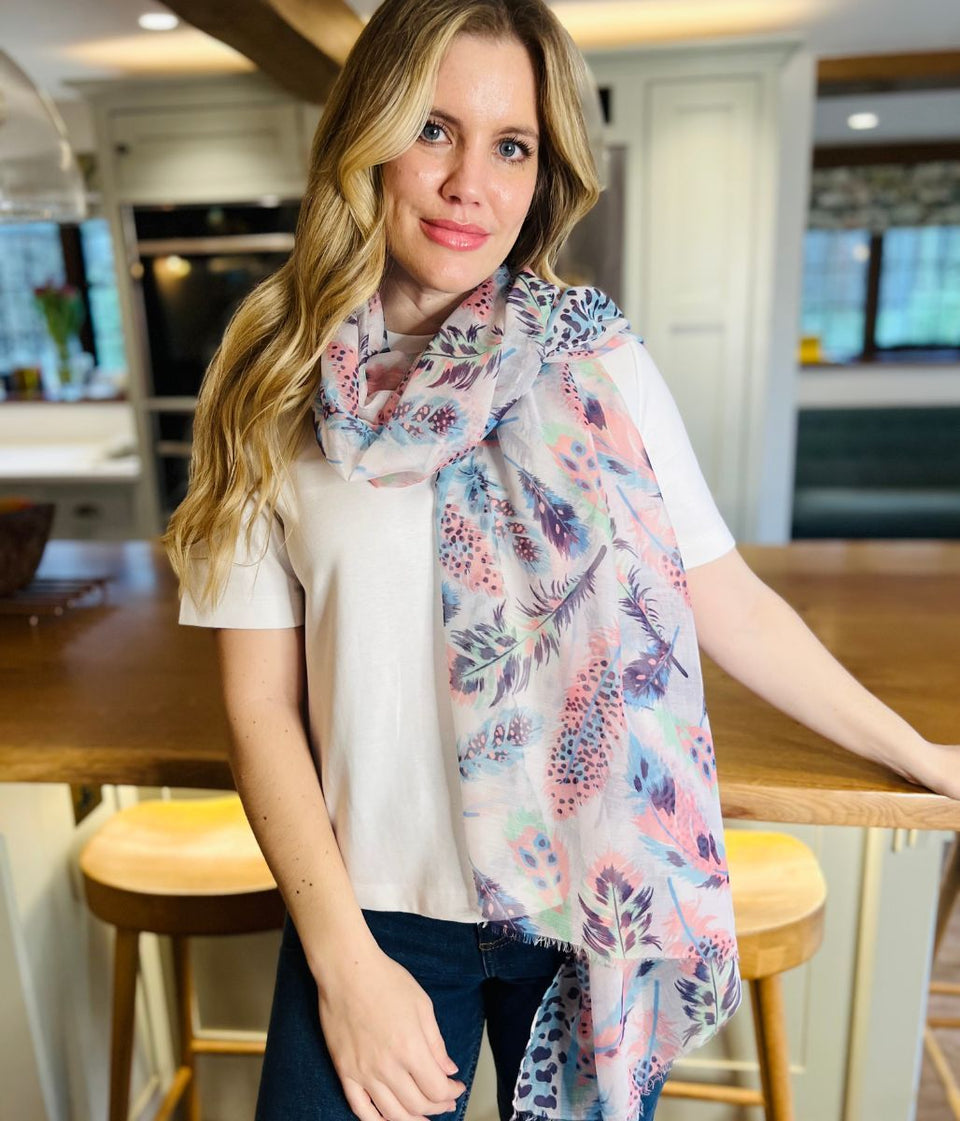 POM Pastel Feather Print Scarf
