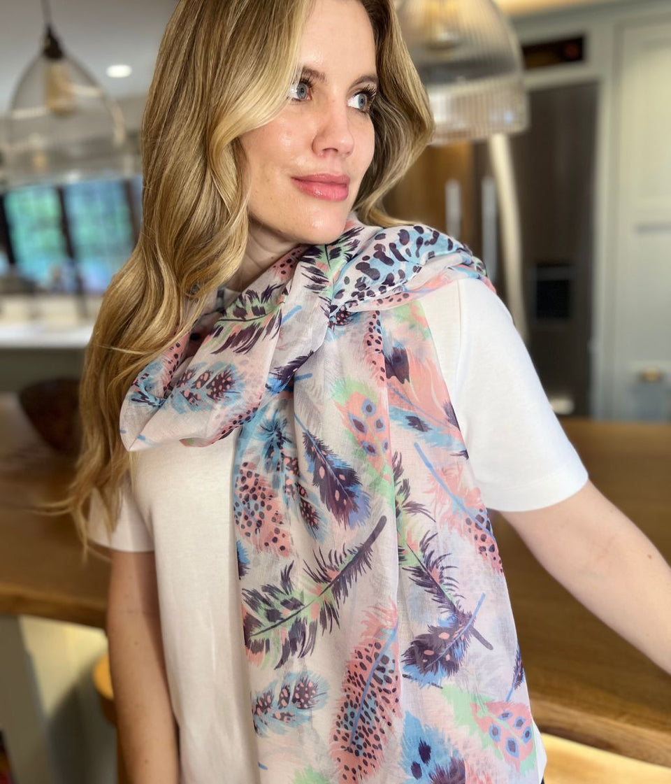 POM Pastel Feather Print Scarf