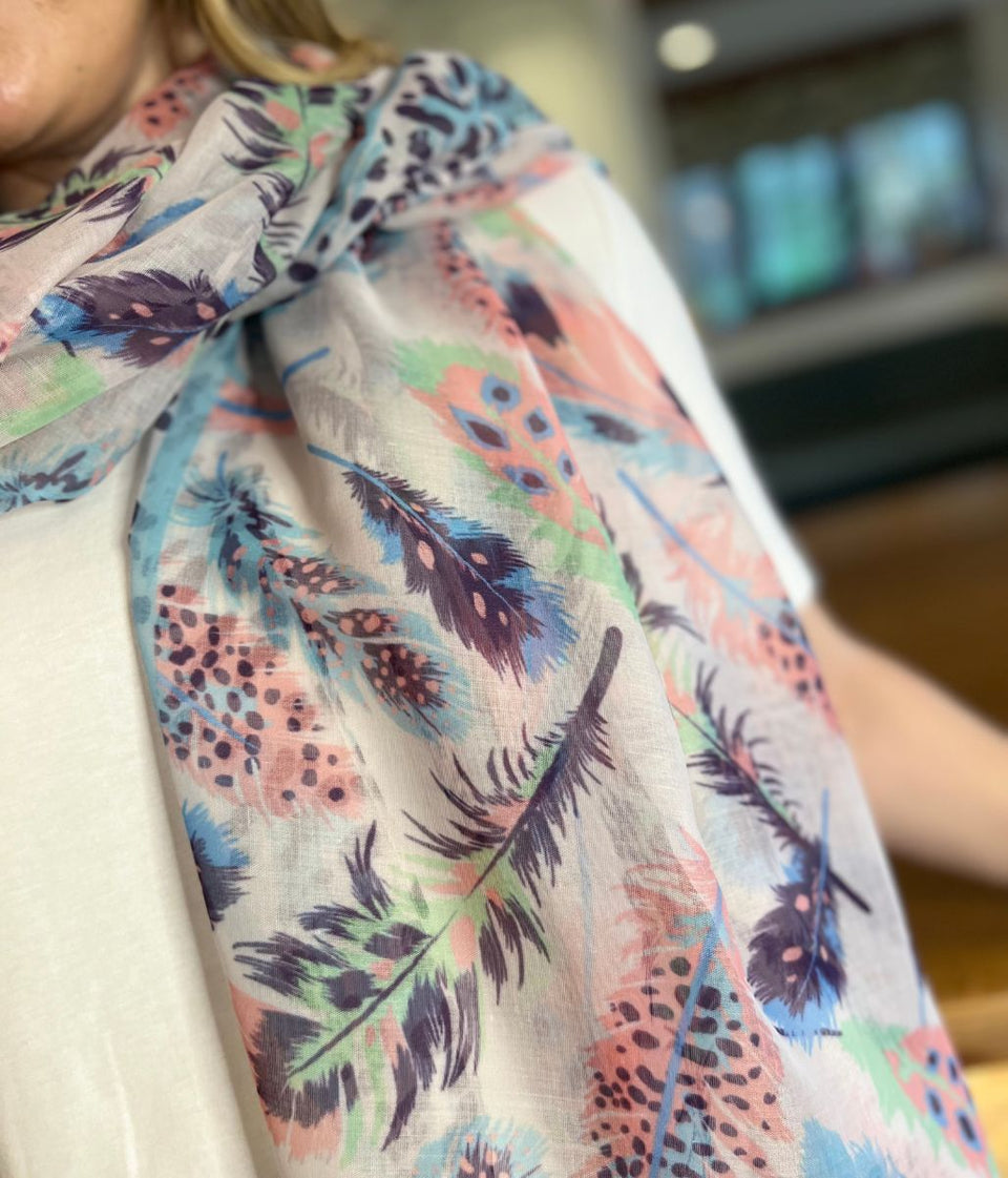 POM Pastel Feather Print Scarf