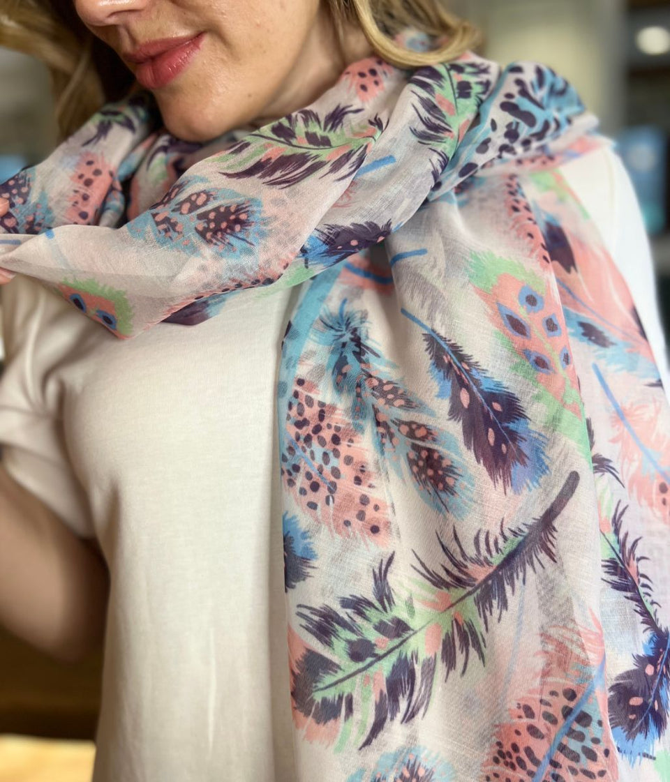 POM Pastel Feather Print Scarf