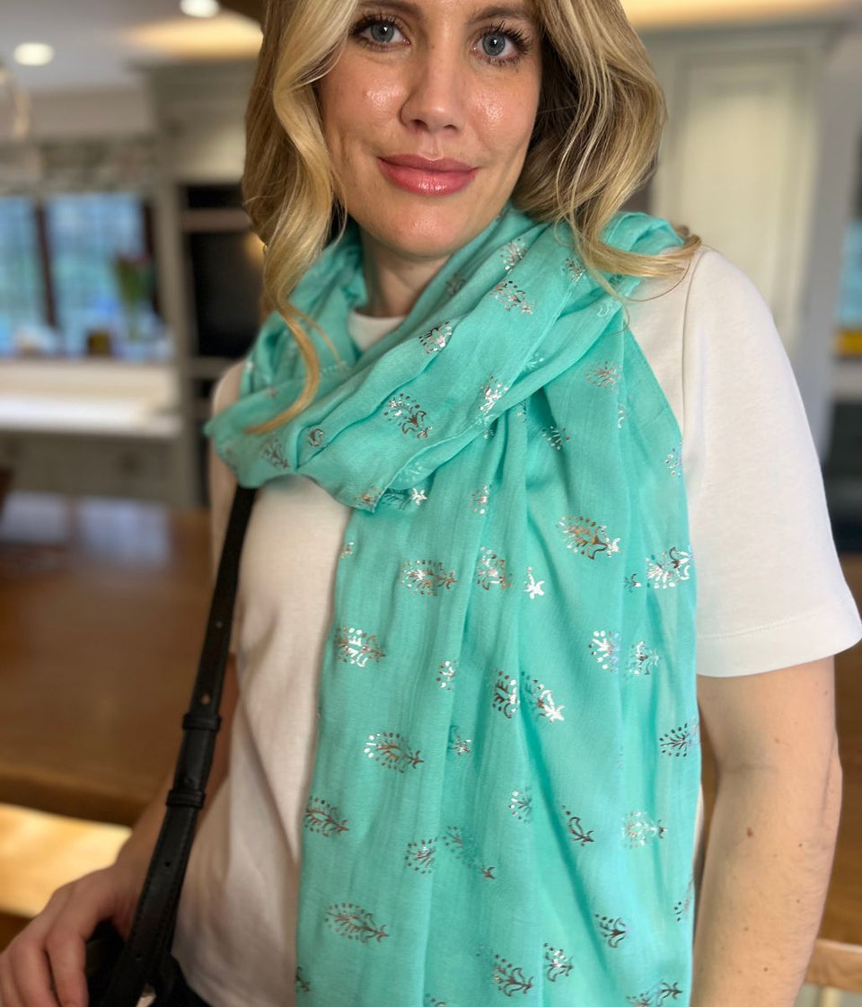 POM Aqua Metallic Feather Print Scarf