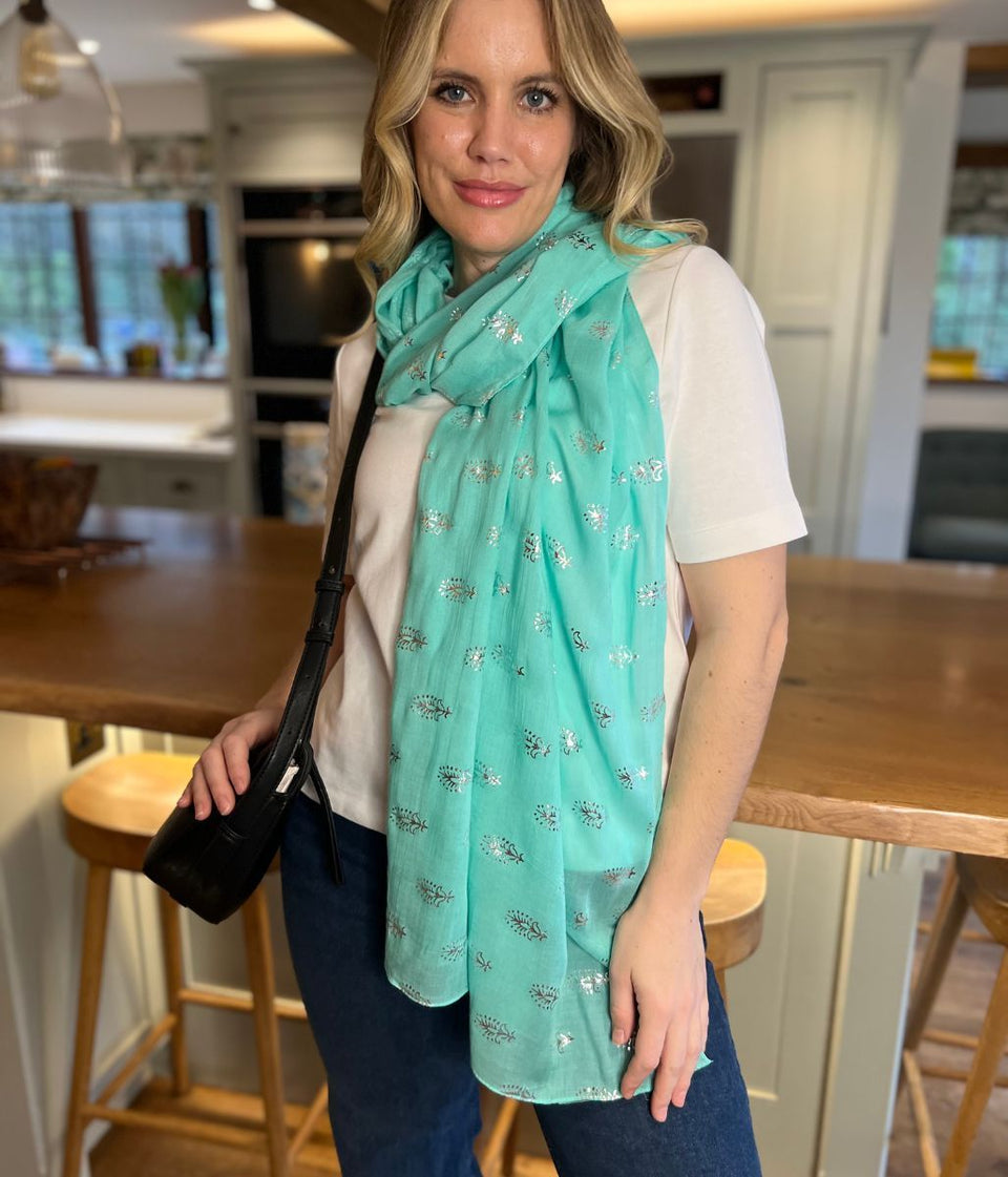 POM Aqua Metallic Feather Print Scarf