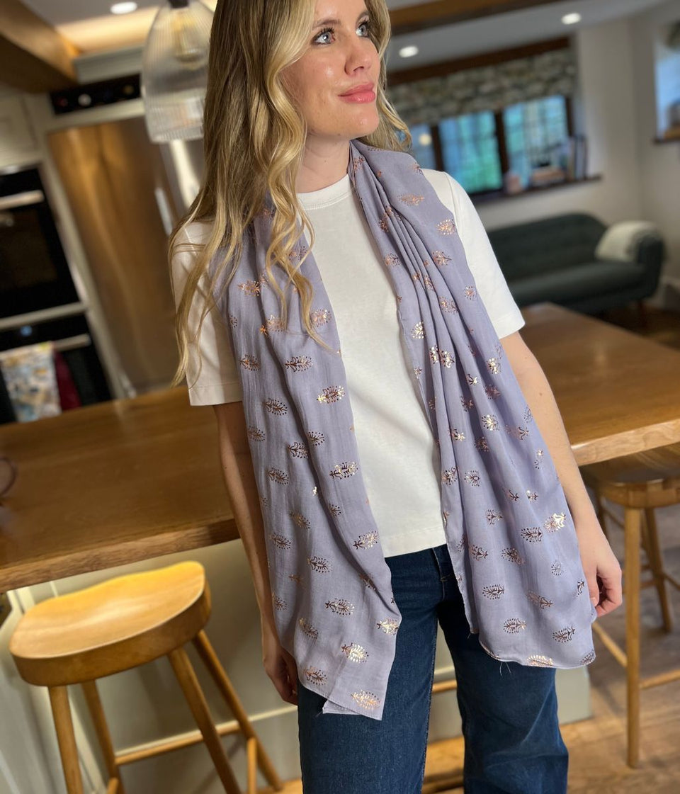 POM Grey Metallic Feather Print Scarf