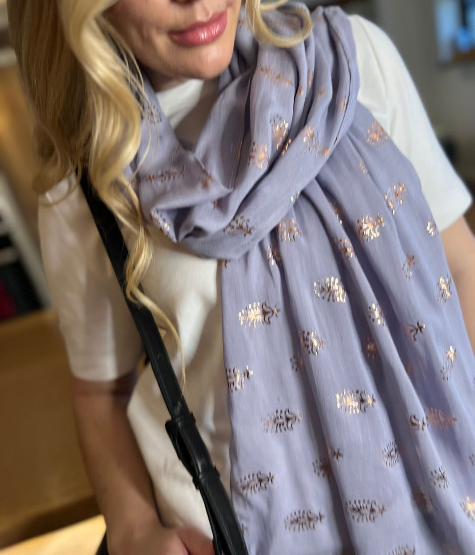 POM Grey Metallic Feather Print Scarf