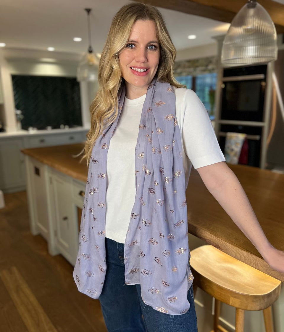 POM Grey Metallic Feather Print Scarf