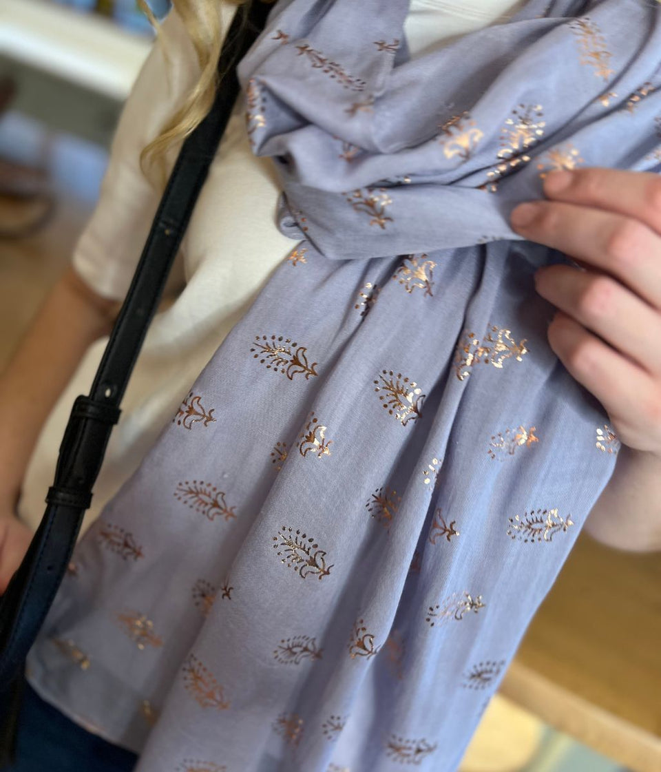 POM Grey Metallic Feather Print Scarf