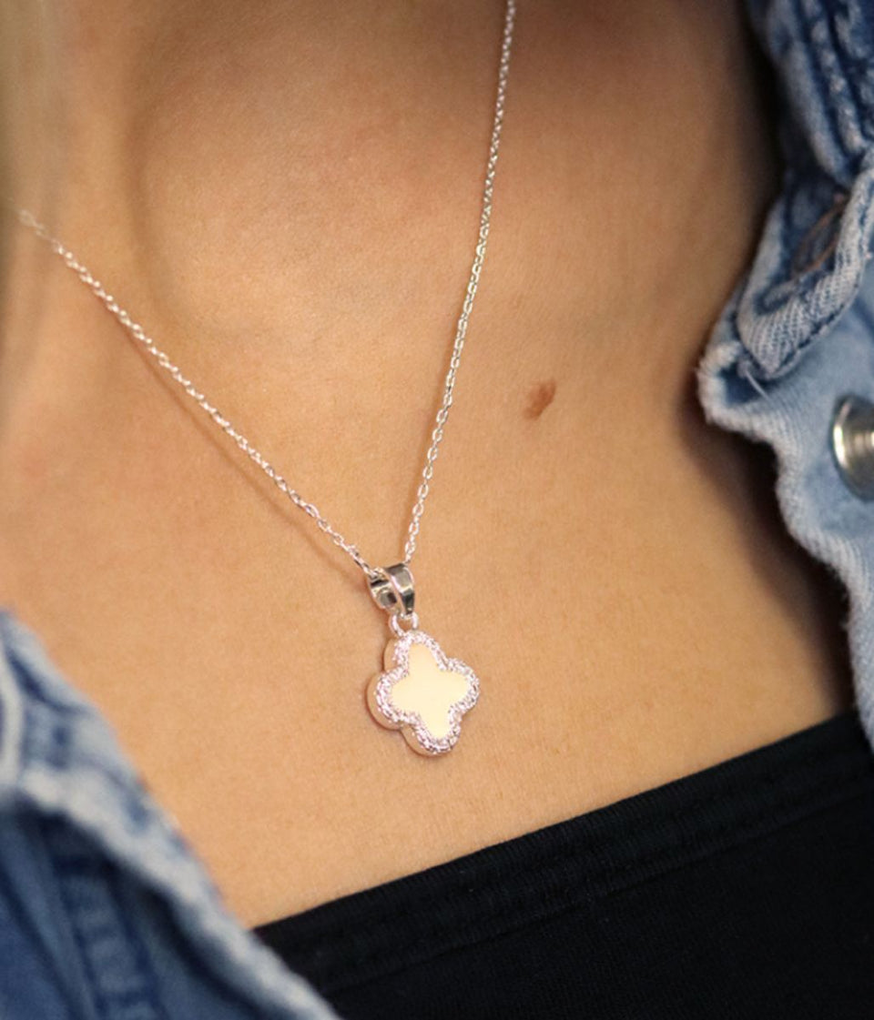 POM Silver Crystal Edged Clover Necklace
