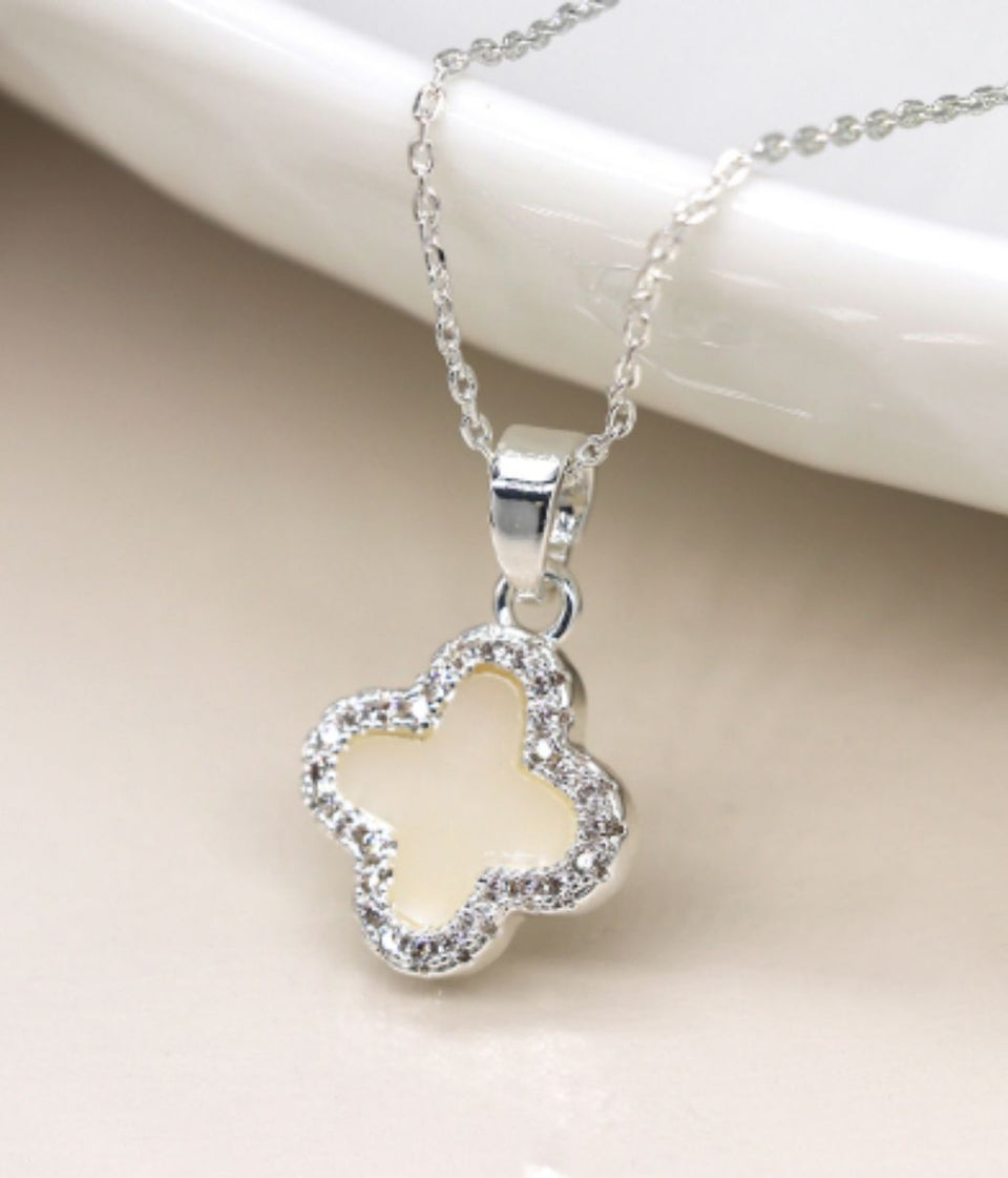 POM Silver Crystal Edged Clover Necklace